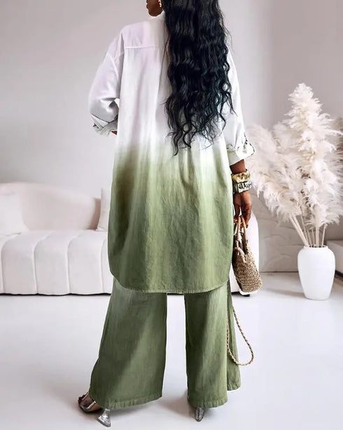 2 Pieces Outfit Ombre Print Long Sleeve Blouse and Casual High Waist Wide Leg Pants Set (Without Belt) dark green