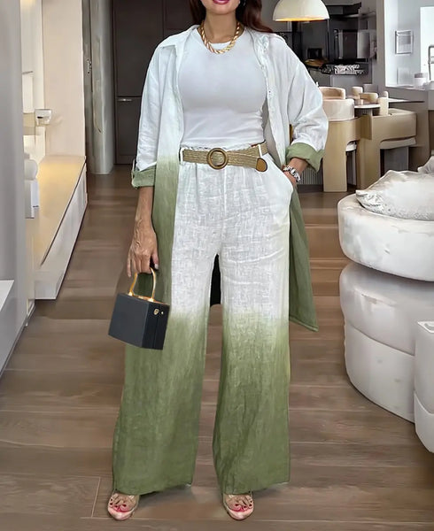 2 Pieces Outfit Ombre Print Long Sleeve Blouse and Casual High Waist Wide Leg Pants Set (Without Belt) dark green