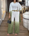 2 Pieces Outfit Ombre Print Long Sleeve Blouse and Casual High Waist Wide Leg Pants Set (Without Belt) dark green