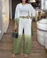 2 Pieces Outfit Ombre Print Long Sleeve Blouse and Casual High Waist Wide Leg Pants Set (Without Belt) dark green