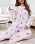 2 Pieces Outfit Floral Placement Print Long Sleeve Drop Shoulder Top and Elastic Waist Pants Set Causal Pajamas Set light purple