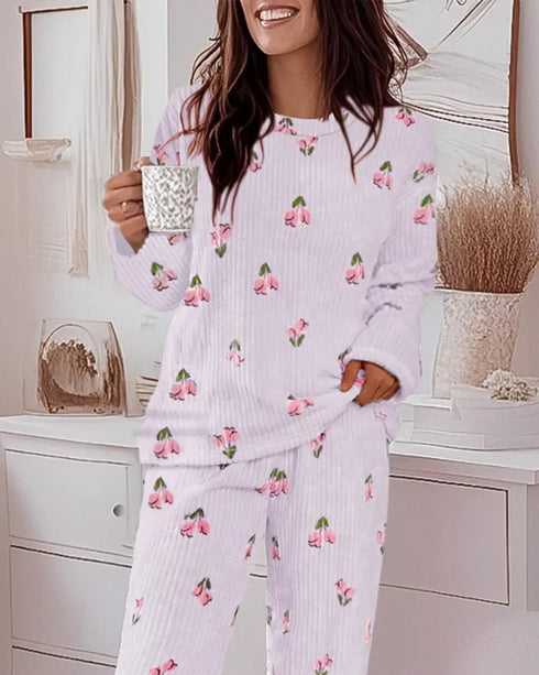 2 Pieces Outfit Plaid Print Pocket Design Long Sleeve Drop Shoulder Top and Plaid Print Elastic Waist Wide Leg Pants Set Casual Pajamas Set light purple