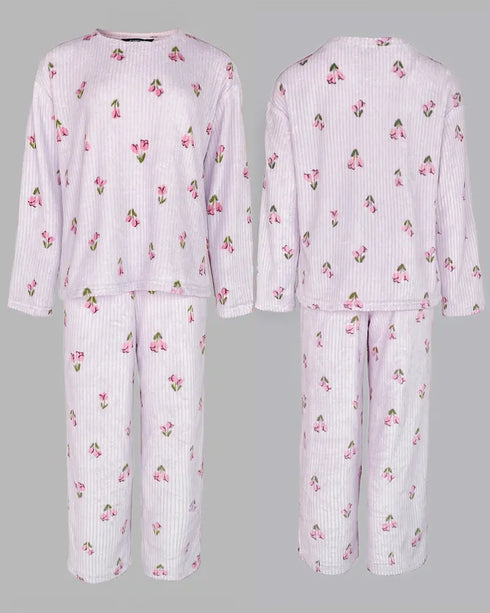 2 Pieces Outfit Heart & Let me sleep Slogan Print Long Sleeve Top and Christmas Tree & Snowflake Print Colorblock Elastic Waist Pants Set Casual Christmas Pajamas Set light purple