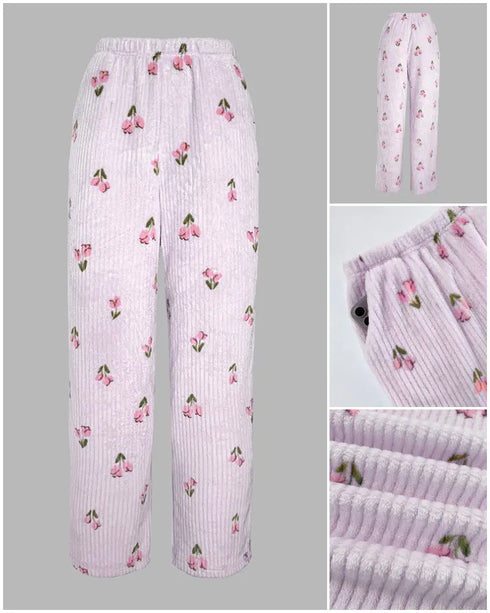 2 Pieces Outfit Floral Print Long Sleeve Drop Shoulder Top and Elastic Waist Pants Sets Casual Pajamas Set light purple