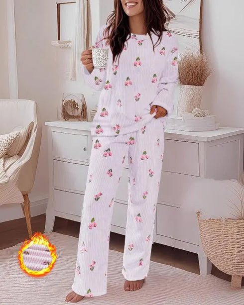 2 Pieces Outfit Christmas Tree Print Plaid Print Spliced Long Sleeve Top and Plaid Print Elastic Waist Pants Set Casual Pajamas Set light purple