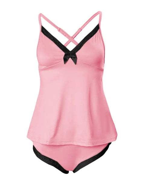 Lace Trim Bowknot Decor V-Neck Cami Set pink