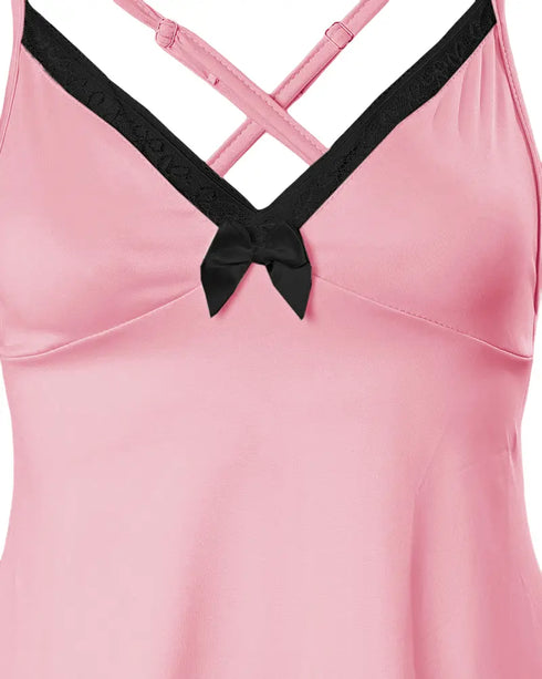 Lace Trim Bowknot Decor V-Neck Cami Set pink