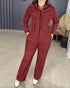 2 Pieces Outfit Long Sleeve Zip Up Drawstring Hoodie Coat and Casual Elastic Waist Seam Front Wide Leg Pants Set Dark Red