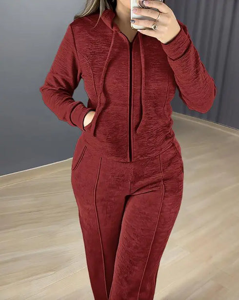2 Pieces Outfit Long Sleeve Zip Up Drawstring Hoodie Coat and Casual Elastic Waist Seam Front Wide Leg Pants Set Dark Red