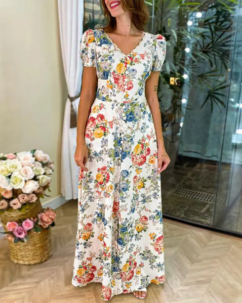Floral Print V Neck Puff Sleeve Maxi Dress A-Line Flowy Casual Dress With Pockets white