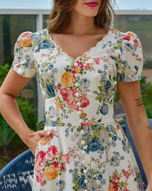 Floral Print V Neck Puff Sleeve Maxi Dress A-Line Flowy Casual Dress With Pockets white