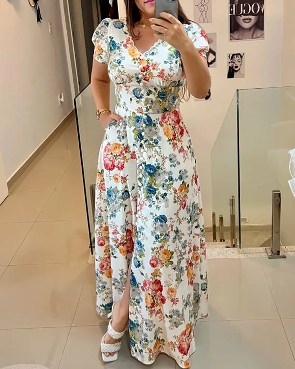 Floral Print V Neck Puff Sleeve Maxi Dress A-Line Flowy Casual Dress With Pockets white