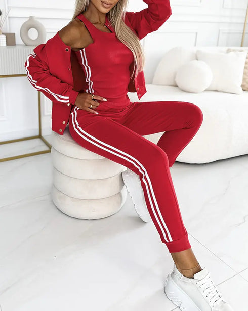 3 Pieces Outfit Sporty Striped Long Sleeve Baseball Coat and Ribbed Knit Tank with Slim Fit Slit Skirt Set red