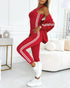 3 Pieces Outfit Snap Buttons Front Coat and Elastic Waist Seam Front Stretchy Cuffs Pants Set with Tank Top Casual Contrast Side Striped Tracksuit red
