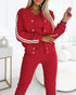 3 Pieces Outfit Snap Buttons Front Coat and Elastic Waist Seam Front Stretchy Cuffs Pants Set with Tank Top Casual Contrast Side Striped Tracksuit red