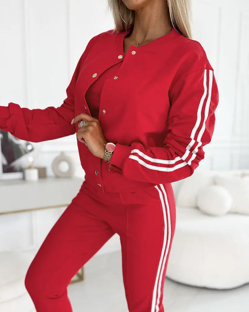 3 Pieces Outfit Snap Buttons Front Coat and Elastic Waist Seam Front Stretchy Cuffs Pants Set with Tank Top Casual Contrast Side Striped Tracksuit red