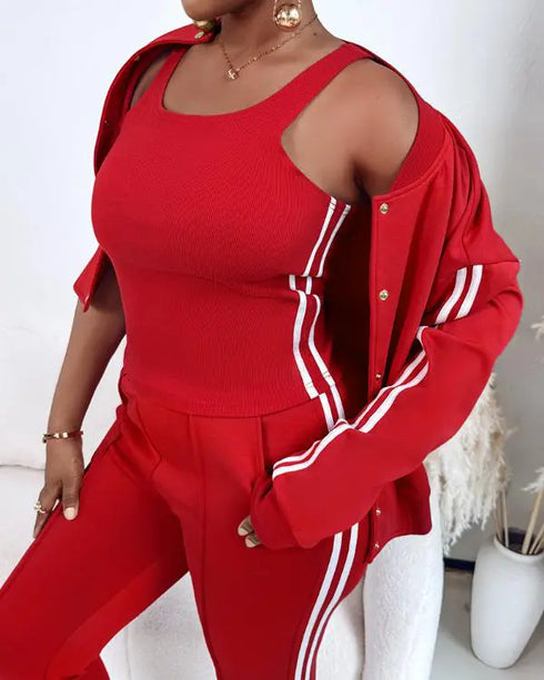 3 Pieces Outfit Snap Buttons Front Coat and Elastic Waist Seam Front Stretchy Cuffs Pants Set with Tank Top Casual Contrast Side Striped Tracksuit red