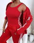 3 Pieces Outfit Snap Buttons Front Coat and Elastic Waist Seam Front Stretchy Cuffs Pants Set with Tank Top Casual Contrast Side Striped Tracksuit red