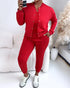 3 Pieces Outfit Snap Buttons Front Coat and Elastic Waist Seam Front Stretchy Cuffs Pants Set with Tank Top Casual Contrast Side Striped Tracksuit red