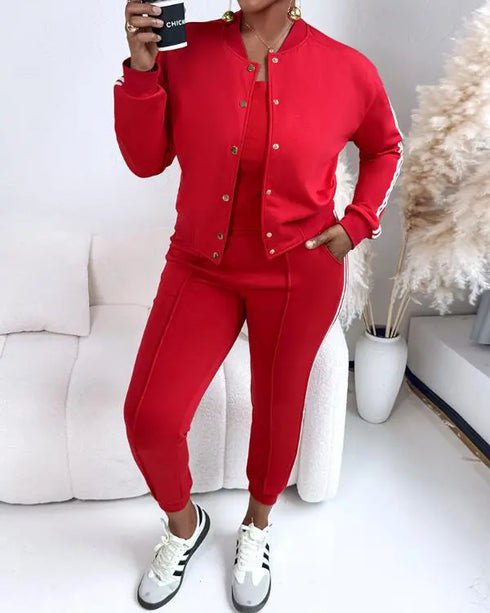 3 Pieces Outfit Sporty Striped Long Sleeve Baseball Coat and Ribbed Knit Tank with Slim Fit Slit Skirt Set red