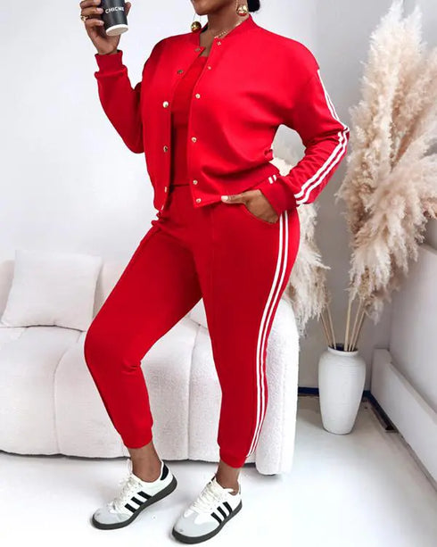 3 Pieces Outfit Snap Buttons Front Coat and Elastic Waist Seam Front Stretchy Cuffs Pants Set with Tank Top Casual Contrast Side Striped Tracksuit red
