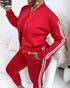 3 Pieces Outfit Sporty Striped Long Sleeve Baseball Coat and Ribbed Knit Tank with Slim Fit Slit Skirt Set red