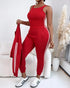 3 Pieces Outfit Sporty Striped Long Sleeve Baseball Coat and Ribbed Knit Tank with Slim Fit Slit Skirt Set red