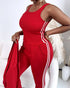 3 Pieces Outfit Snap Buttons Front Coat and Elastic Waist Seam Front Stretchy Cuffs Pants Set with Tank Top Casual Contrast Side Striped Tracksuit red