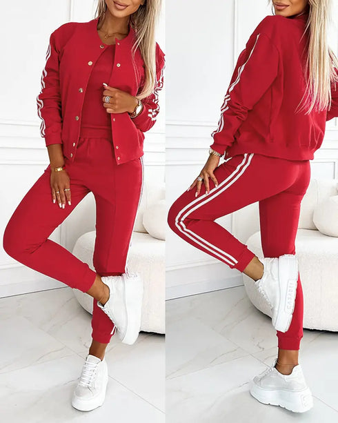 3 Pieces Outfit Sporty Striped Long Sleeve Baseball Coat and Ribbed Knit Tank with Slim Fit Slit Skirt Set red
