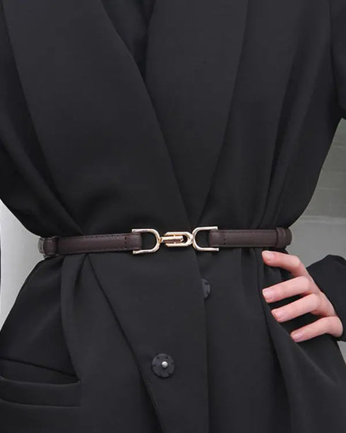 Thin Waist Belt Adjustable Dress Leather Belt with Gold Buckle coffee
