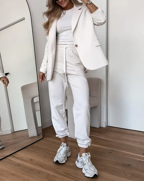 Shawl Collar Long Sleeve Blazer and Drawstring Pants Set white
