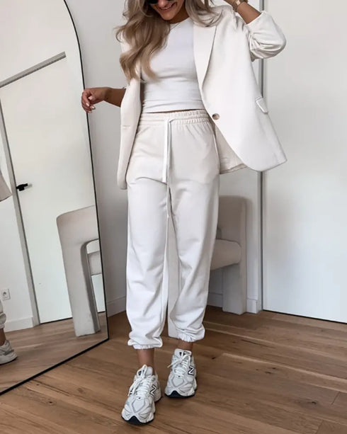 Shawl Collar Long Sleeve Blazer and Drawstring Pants Set white