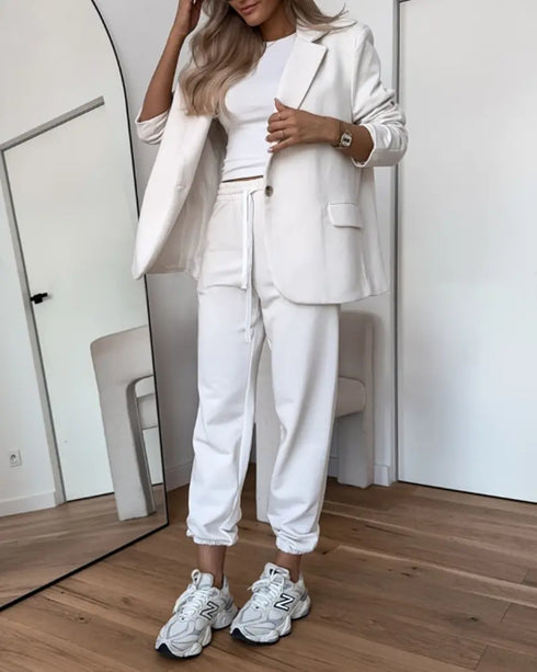 Shawl Collar Long Sleeve Blazer and Drawstring Pants Set white