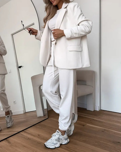 Shawl Collar Long Sleeve Blazer and Drawstring Pants Set white