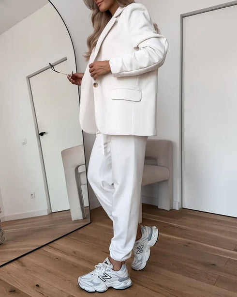 Shawl Collar Long Sleeve Blazer and Drawstring Pants Set white