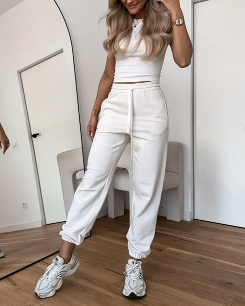 Shawl Collar Long Sleeve Blazer and Drawstring Pants Set white