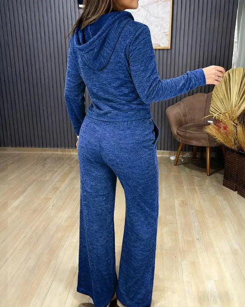 2 Pieces Outfit Long Sleeve Zip Up Drawstring Hoodie Coat and Casual Elastic Waist Seam Front Wide Leg Pants Set dark blue