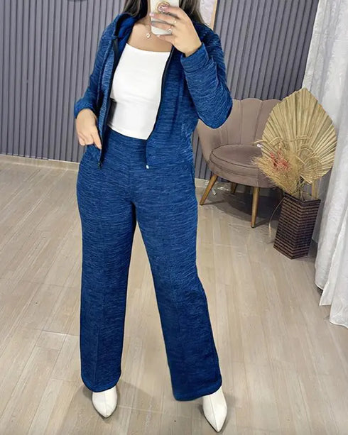 2 Pieces Outfit Long Sleeve Zip Up Drawstring Hoodie Coat and Casual Elastic Waist Seam Front Wide Leg Pants Set dark blue