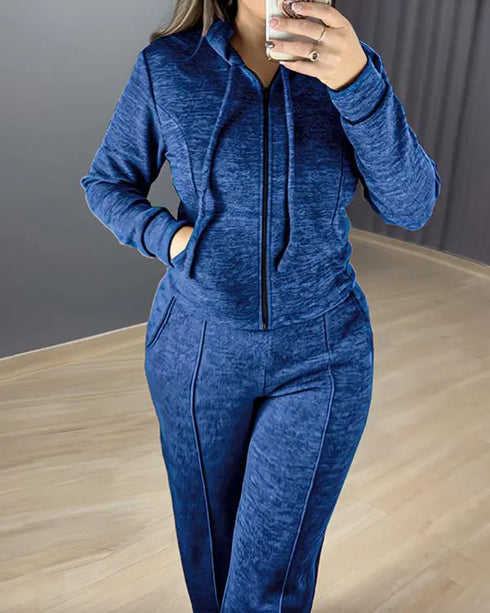 2 Pieces Outfit Long Sleeve Zip Up Drawstring Hoodie Coat and Casual Elastic Waist Seam Front Wide Leg Pants Set dark blue