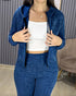2 Pieces Outfit Long Sleeve Zip Up Drawstring Hoodie Coat and Casual Elastic Waist Seam Front Wide Leg Pants Set dark blue