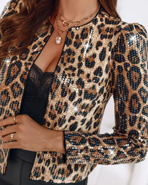 Jacquard & Argyle Pattern Open Front Jacket Casual Crop Coat Leopard