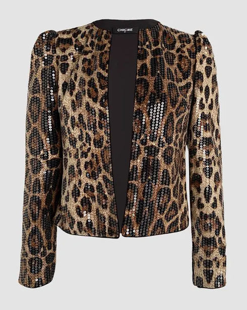 Jacquard & Argyle Pattern Open Front Jacket Casual Crop Coat Leopard