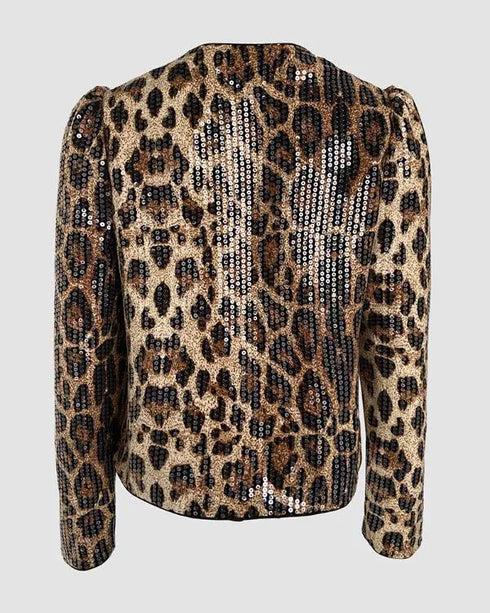 Jacquard & Argyle Pattern Open Front Jacket Casual Crop Coat Leopard