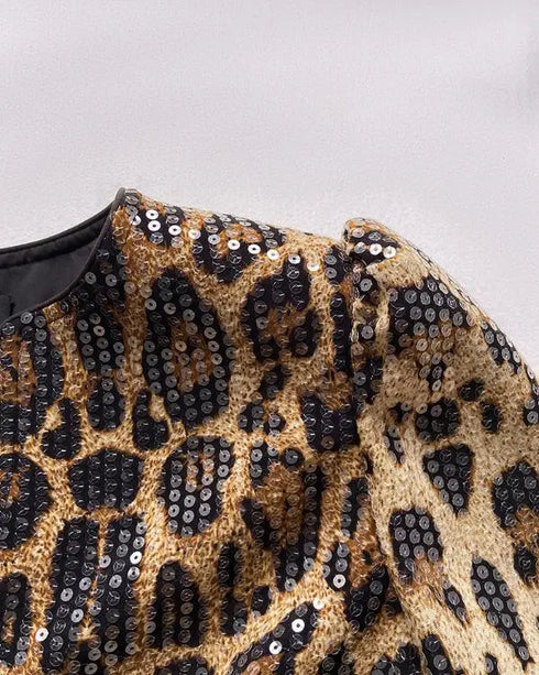 Jacquard & Argyle Pattern Open Front Jacket Casual Crop Coat Leopard
