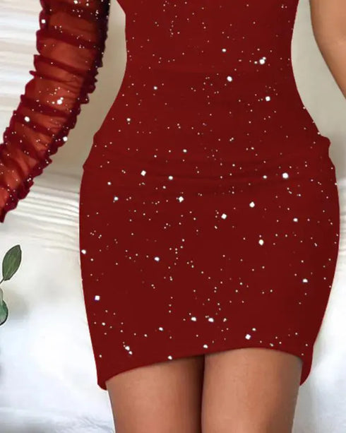 Floral Pattern Contrast Sequin One Shoulder Bodycon Dress red