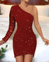 Floral Pattern Contrast Sequin One Shoulder Bodycon Dress red