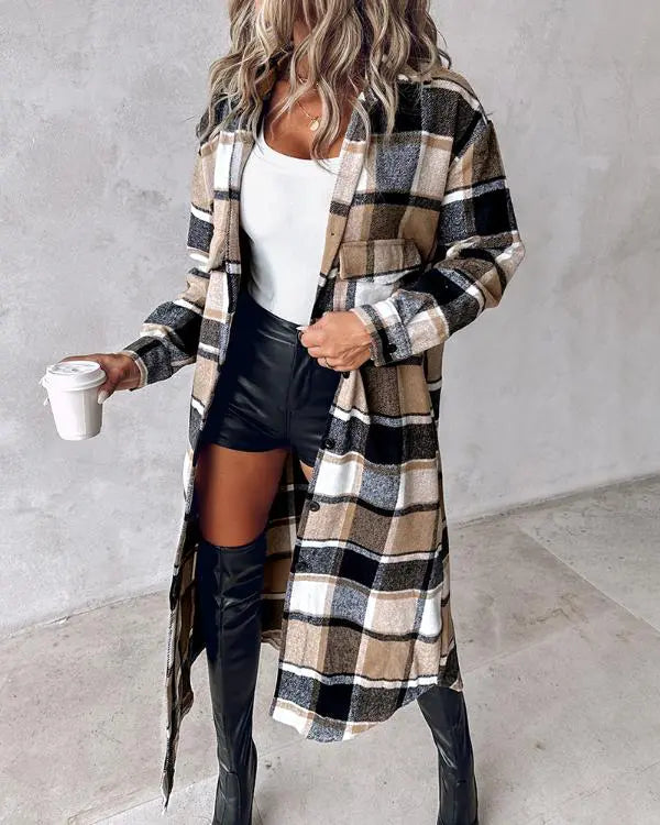 Plaid Print Buttoned Pocket Design Longline Coat brown
