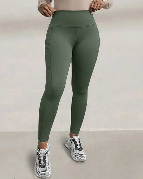 Winter Warm High Waisted Workout Athletic Leggings Tummy Control Butt Lifting Ultra Soft Thermal Lined Yoga Pants Women's Sportswear with Stacked Slit Pockets On Side Army green