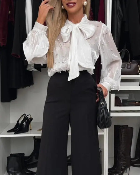 Tie Neck Beaded Long Sleeve Tied Detail Blouses Casual Shirts white