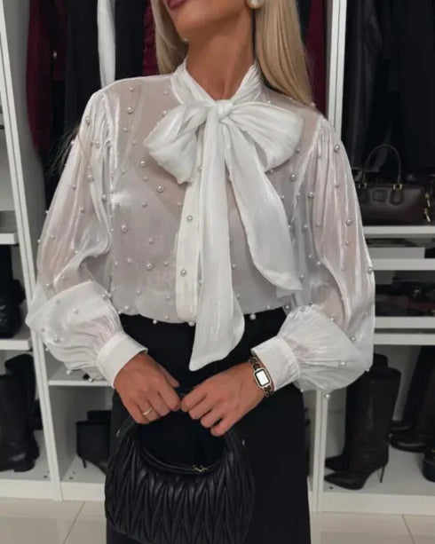 Tie Neck Beaded Long Sleeve Tied Detail Blouses Casual Shirts white